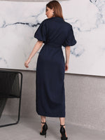 Lantern Sleeve Split Hem Belted Dress