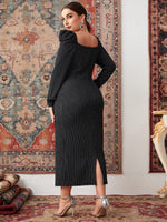Plus Plaid Sweetheart Neck Gigot Sleeve Split Back Dress