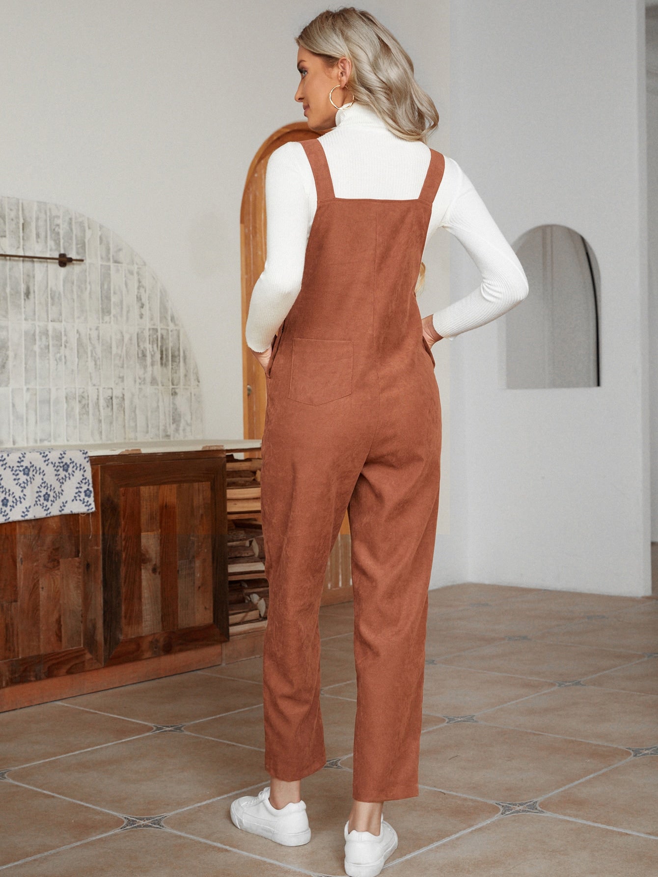 Patched Pocket Button Detail Overalls Without Top