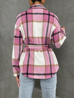 Plaid Flap Pocket Drop Shoulder Belted Overcoat