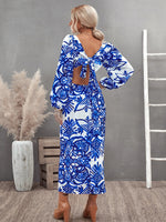 Floral Print Lantern Sleeve Cut Out Tie Back Dress