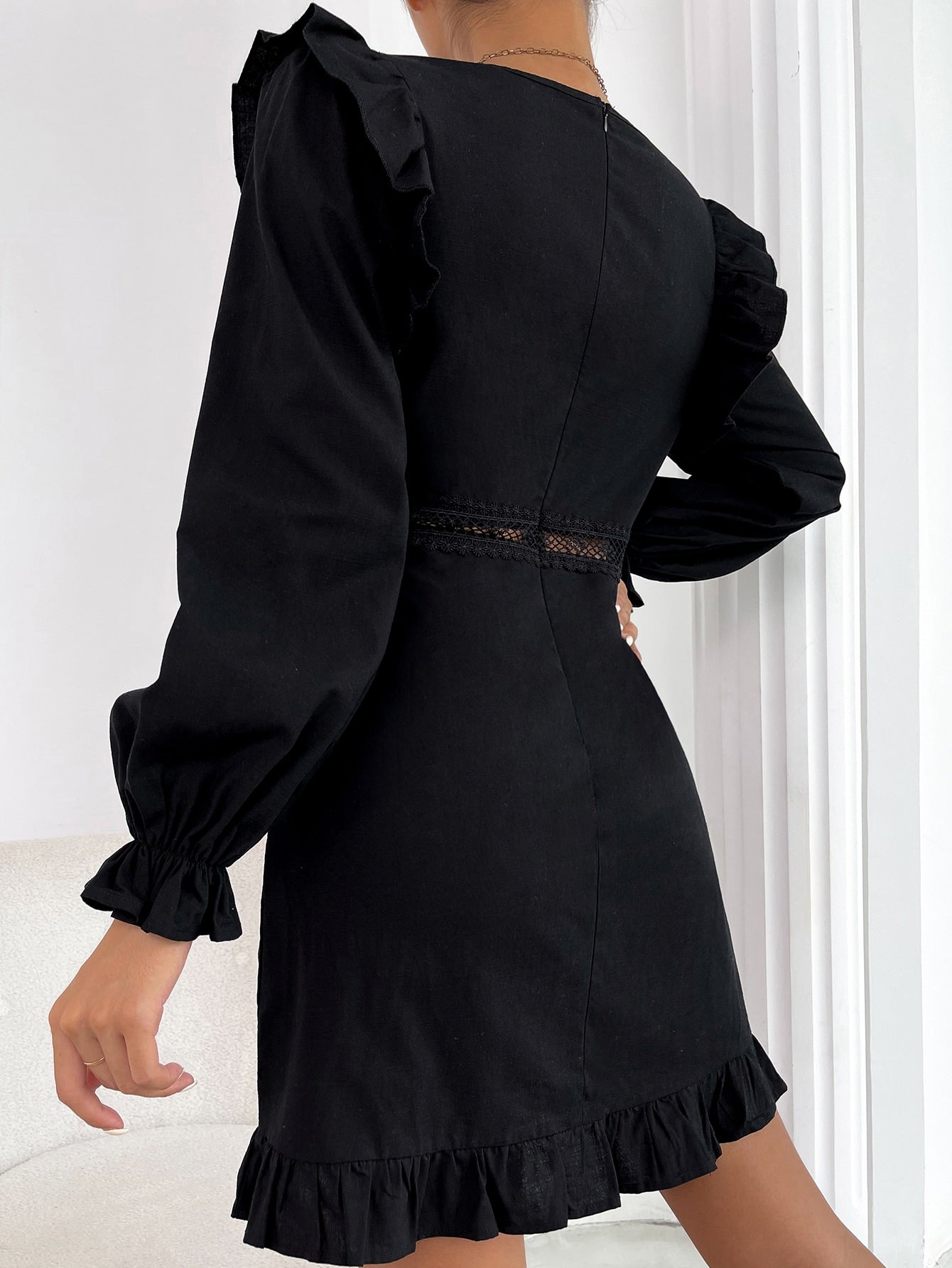 Guipure Lace Insert Flounce Sleeve Ruffle Trim Dress