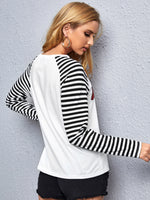 Sequin Lip Patched Striped Raglan Sleeve Tee