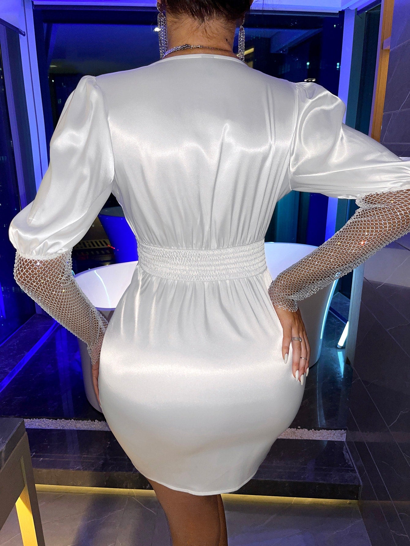 Deep V Neck Gigot Sleeve Satin Bodycon Dress