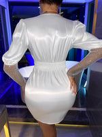 Deep V Neck Gigot Sleeve Satin Bodycon Dress