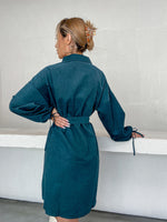 Drop Shoulder Knot Cuff Belted Shirt Dress
