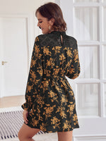 Allover Floral Print Flounce Sleeve Contrast Lace Dress