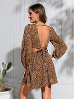 Leopard Print Cut Out Lantern Sleeve Tie Back Dress