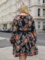 Plus Tropical Print Guipure Lace Insert Lantern Sleeve Dress