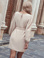 Solid Bishop Sleeve Belted Fitted Dress