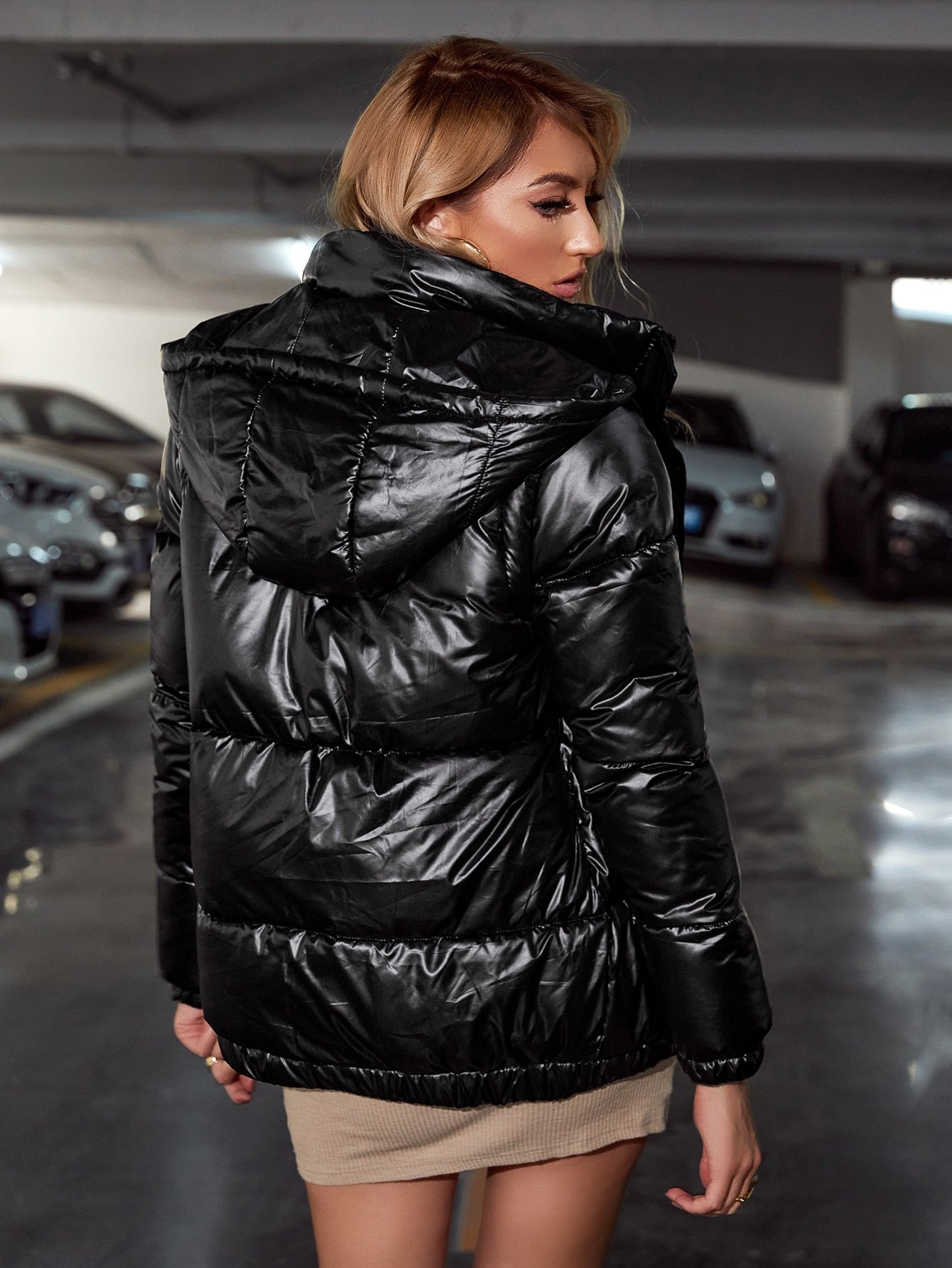 Drawstring Hooded Slant Pocket Puffer Coat