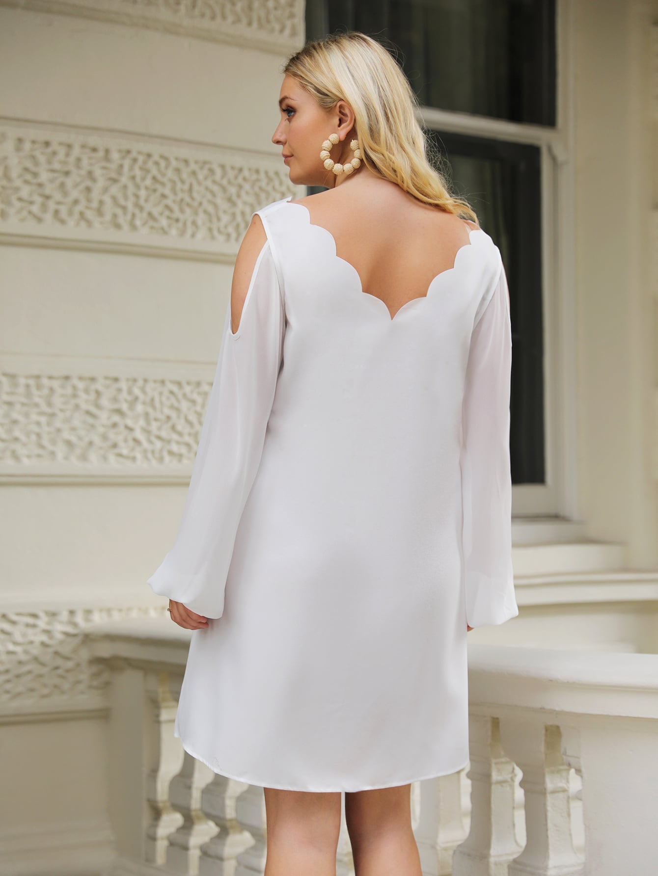 Plus Cold Shoulder Lantern Sleeve Scallop Trim Tunic Dress