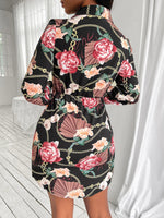 Random Floral And Chain Print Belted Shirt Dress