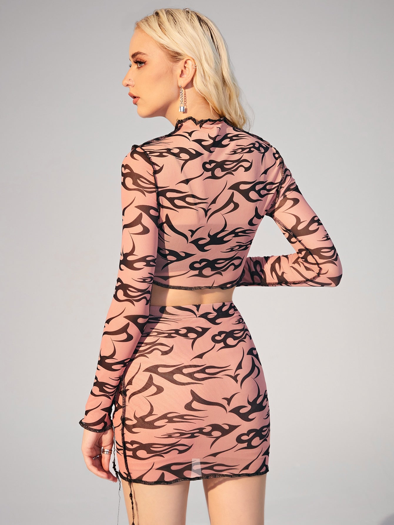 Fire Print Top-stitching Hanky Hem Raw Cut Crop Mesh Top & Skirt