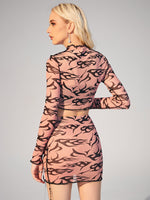 Fire Print Top-stitching Hanky Hem Raw Cut Crop Mesh Top & Skirt