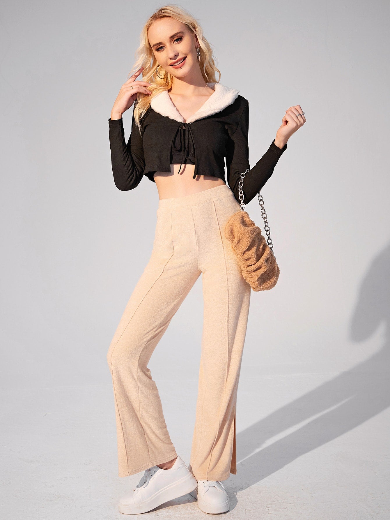 Borg Collar Knot Front Crop Top