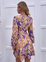 Allover Print Tie Front Lantern Sleeve Dress