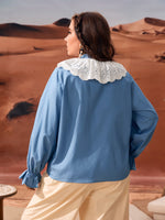 Plus Eyelet Embroidered Ruffle Trim Flounce Sleeve Blouse