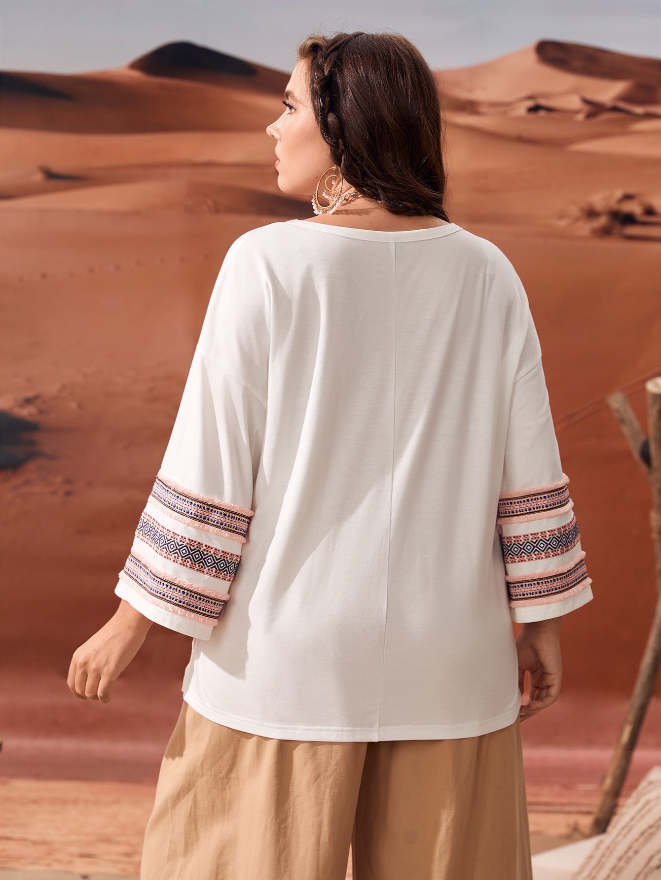 Plus Geo Print Raw Trim Drop Shoulder Tee