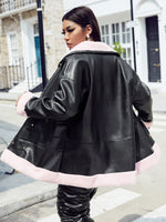 Plus 1pc Drop Shoulder Teddy Lined PU Coat