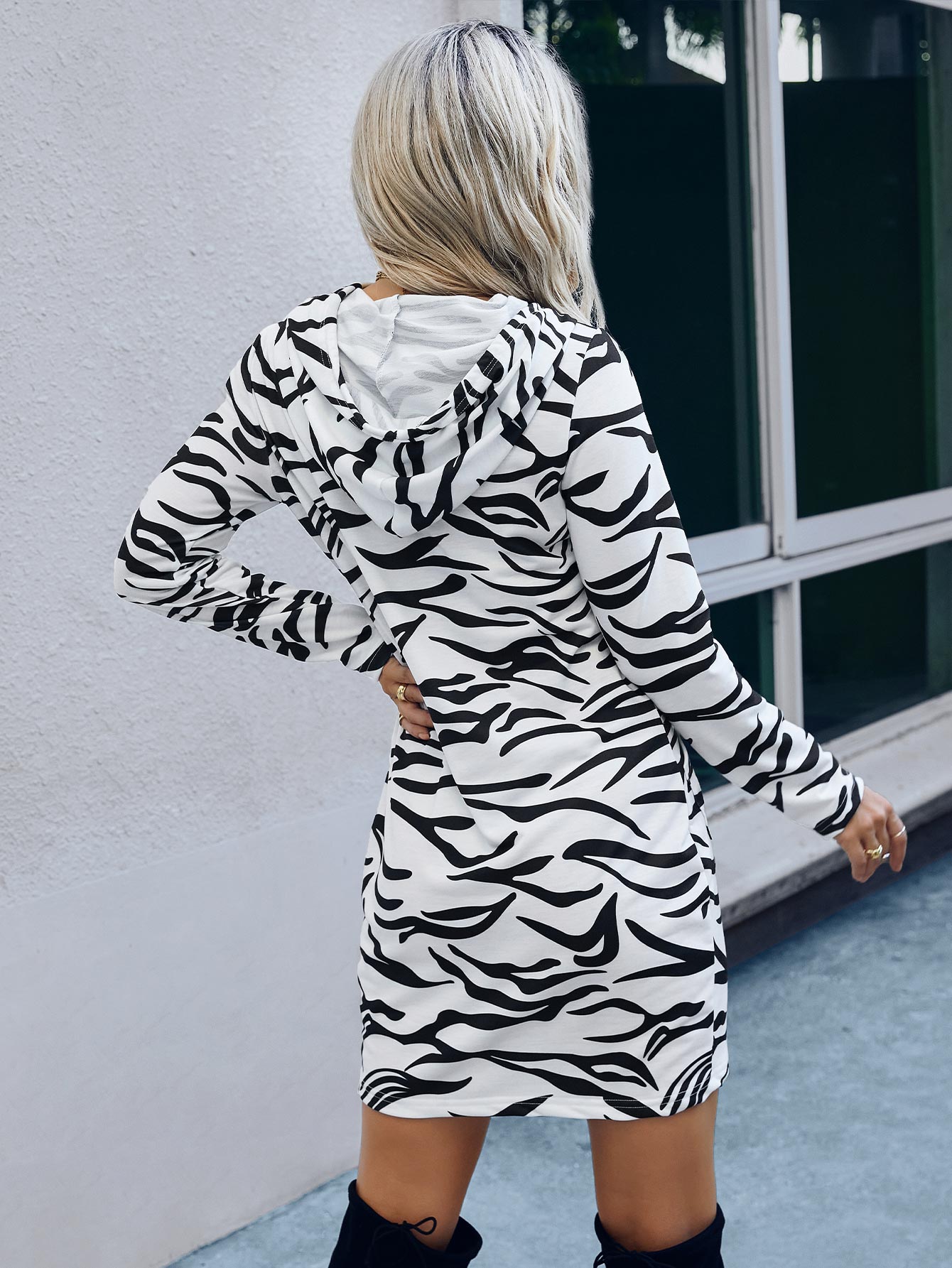 Allover Print Drawstring Hoodie Dress