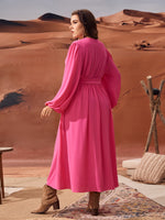 Plus Surplice Neck Lantern Sleeve Belted Dress