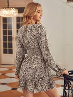 Leopard Print Shirred Waist Flounce Sleeve Ruffle Hem Dress