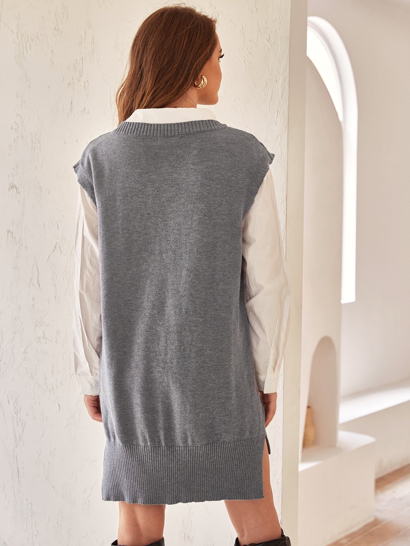 Sleeveless Split High Low Hem Sweater Dress Without Belt & Blouse