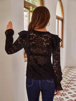 Ruffle Trim Flounce Sleeve Guipure Lace Blouse Without Bra