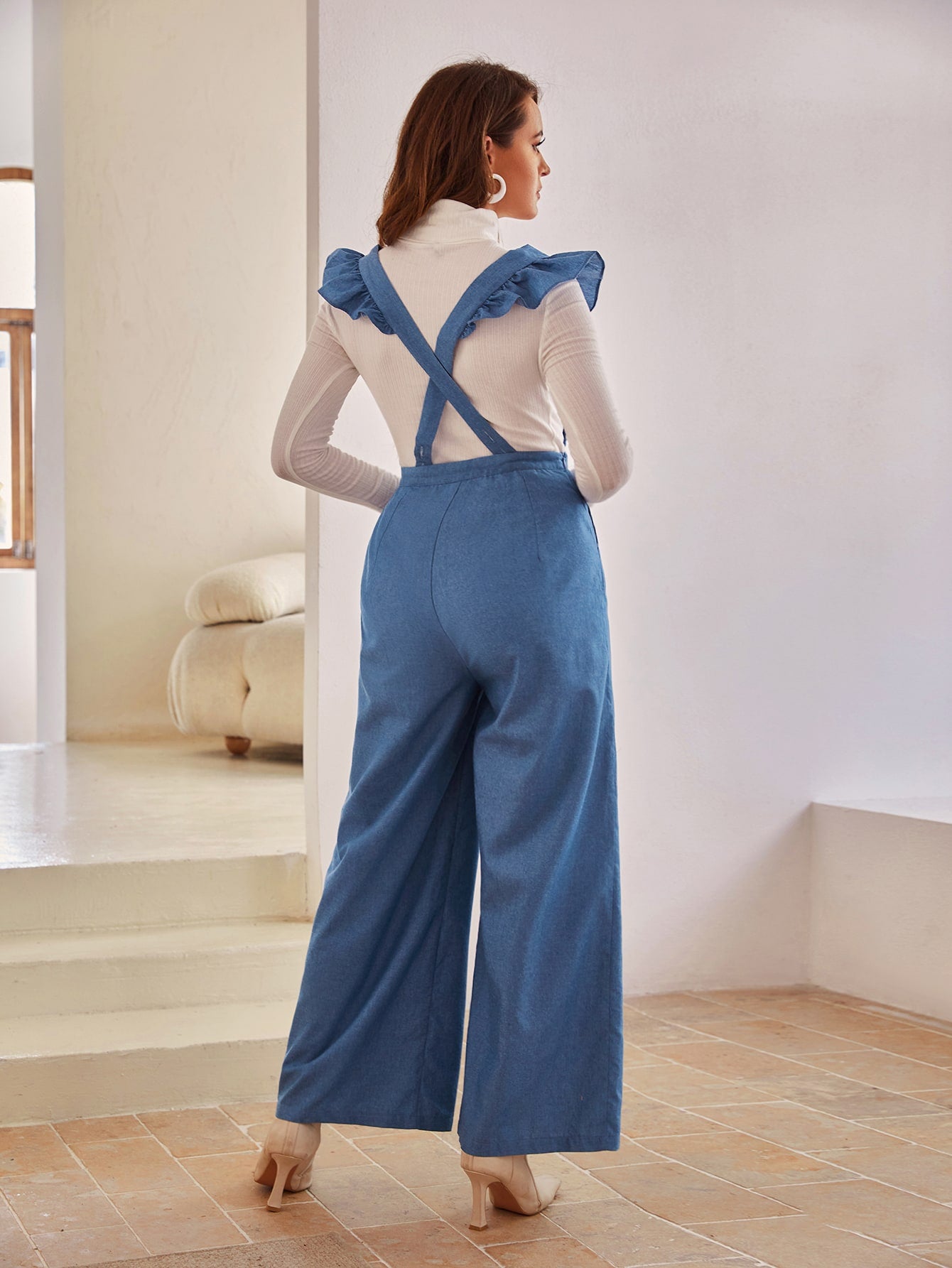 Criss Cross Back Ruffle Trim Single Breasted Wide Leg Jumpsuit
