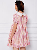 Peter-pan Collar Puff Sleeve Plaid Tweed Dress