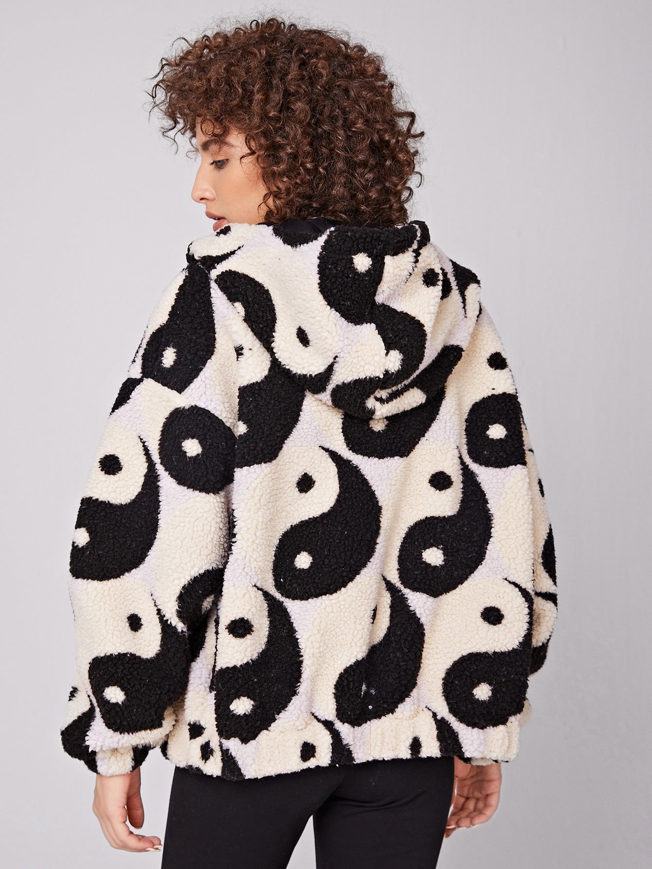 Yin & Yang Print Zip Up Hooded Teddy Jacket