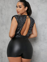 Sequin Bodice Padded Shoulder Romper