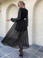 Swiss Dot Lantern Sleeve Overlap Collar Belted Dress