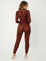 Geo Print High Neck Mesh Unitard Jumpsuit Without Bra