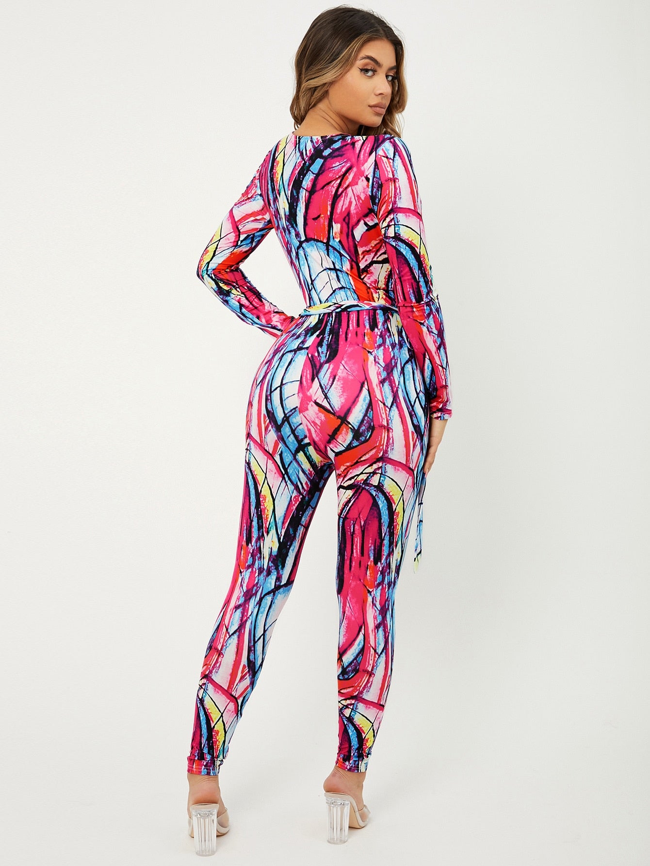 Allover Print V-neck Belted Unitard Jumpsuit