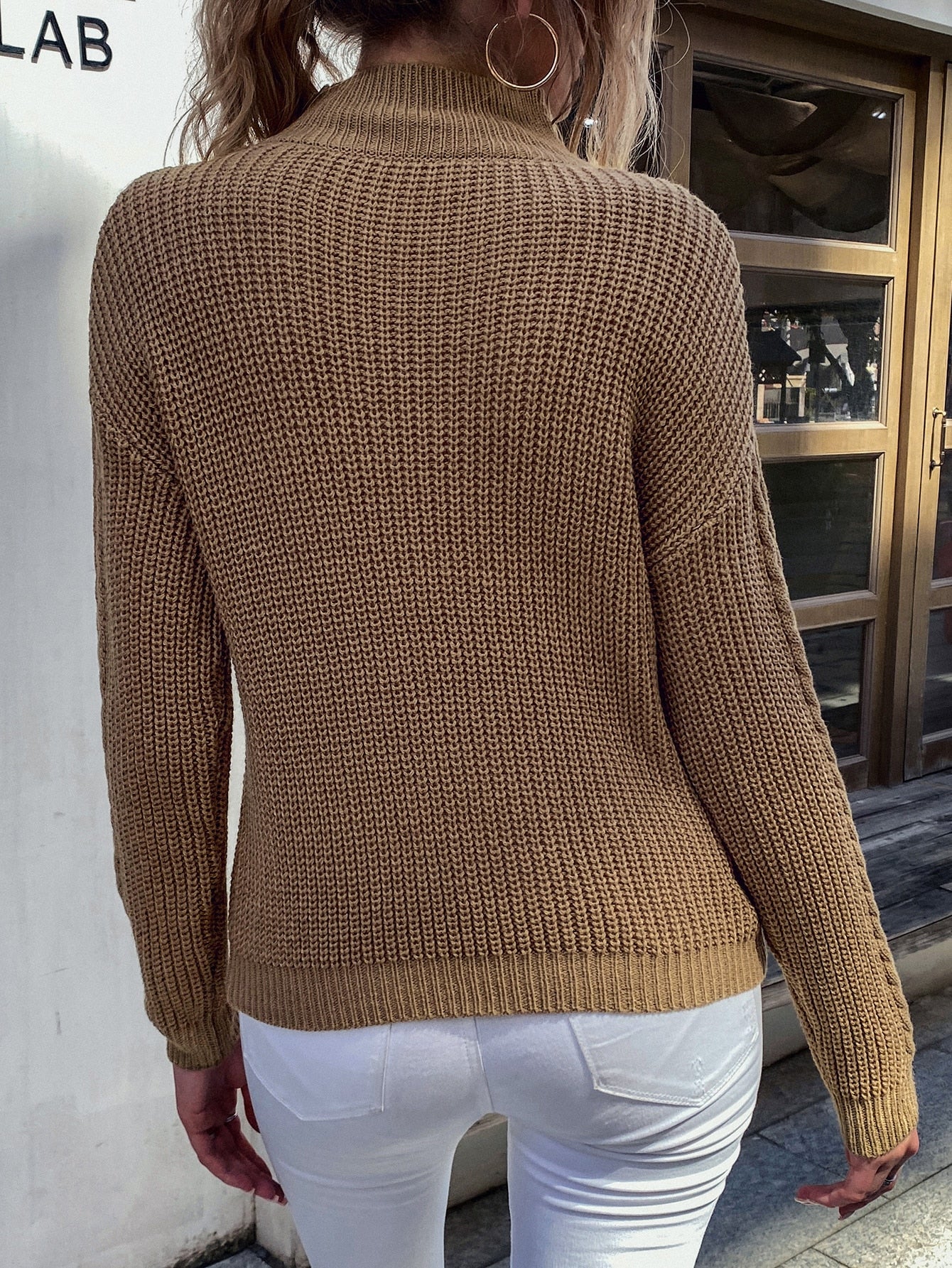 Cable Knit Mock Neck Drop Shoulder Sweater