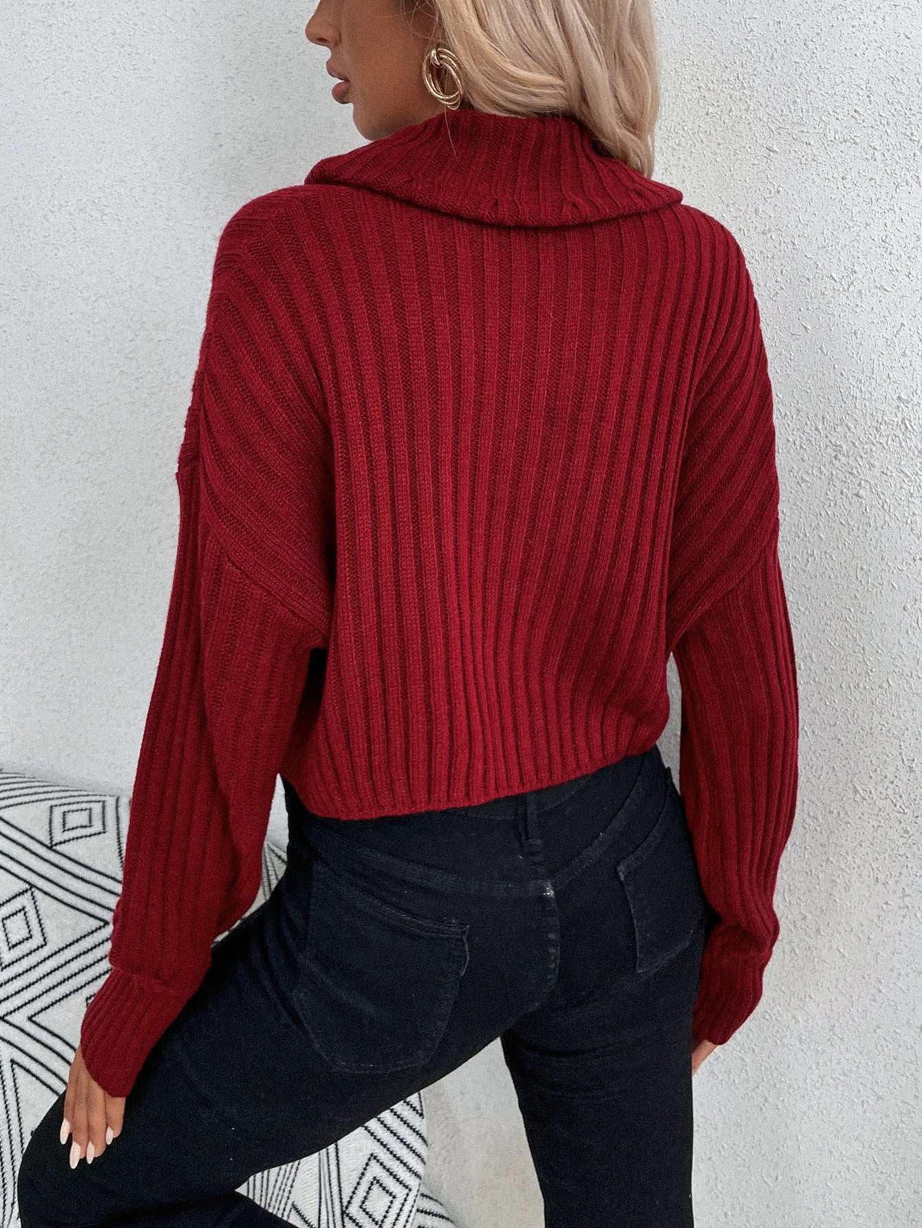 Cowl Neck Drop Shoulder Crop Sweater