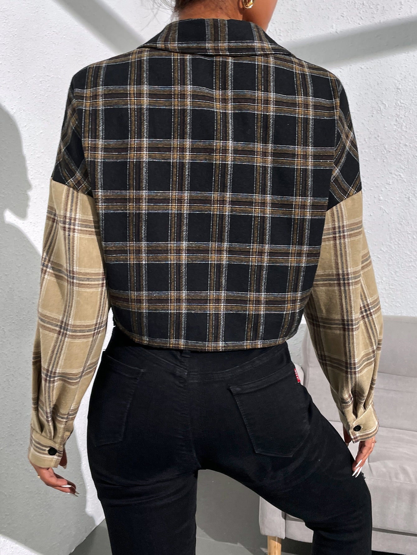 Plaid Drop Shoulder Colorblock Blouse