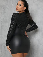 Sequin Bodice Faux Leather Bodycon Dress
