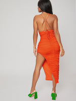 Criss-cross Tie Backless Split Thigh Ruched Mesh Dress