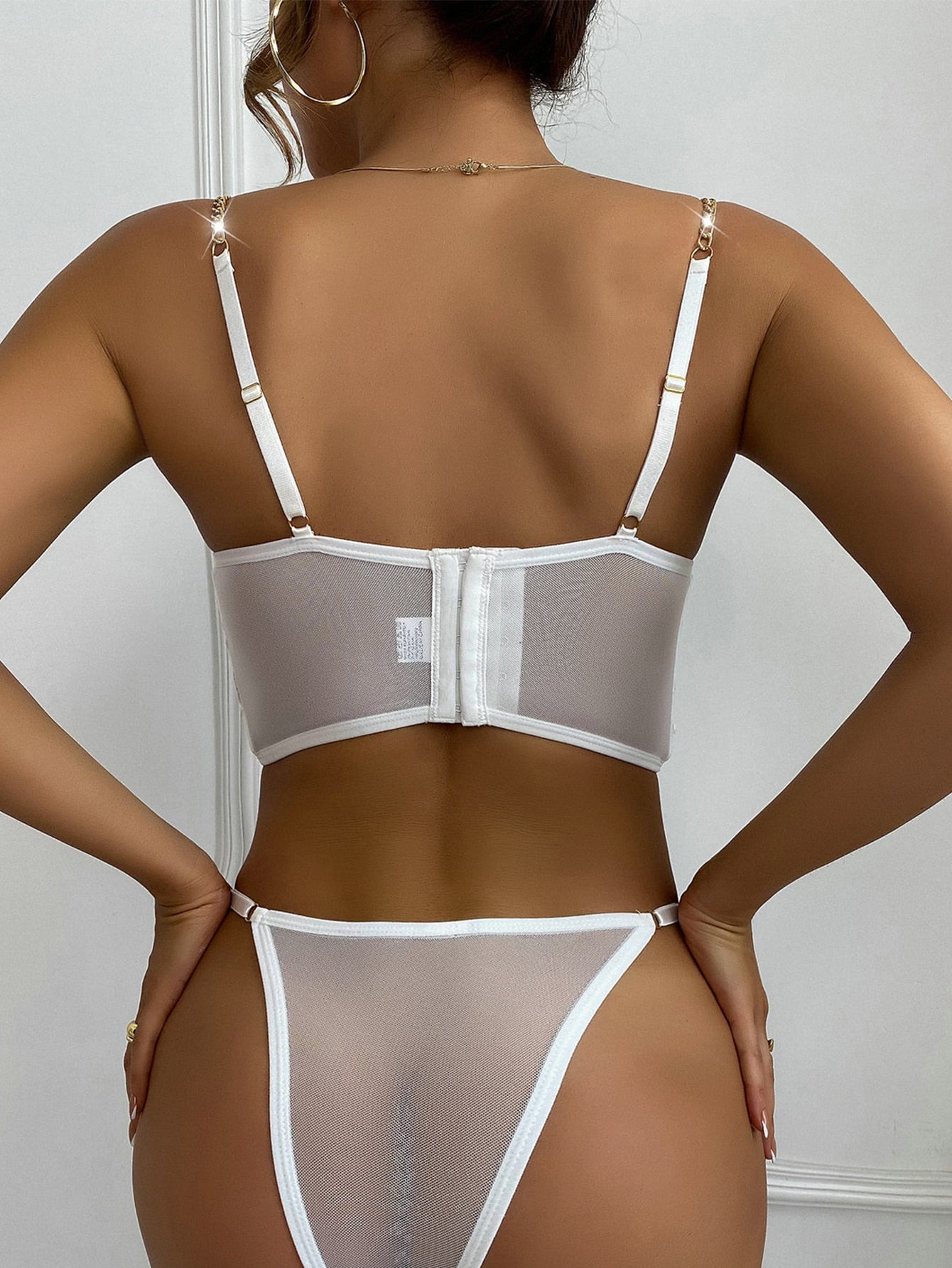 Floral Embroidery Chain Strap Lingerie Set With 1pc Leg Ring