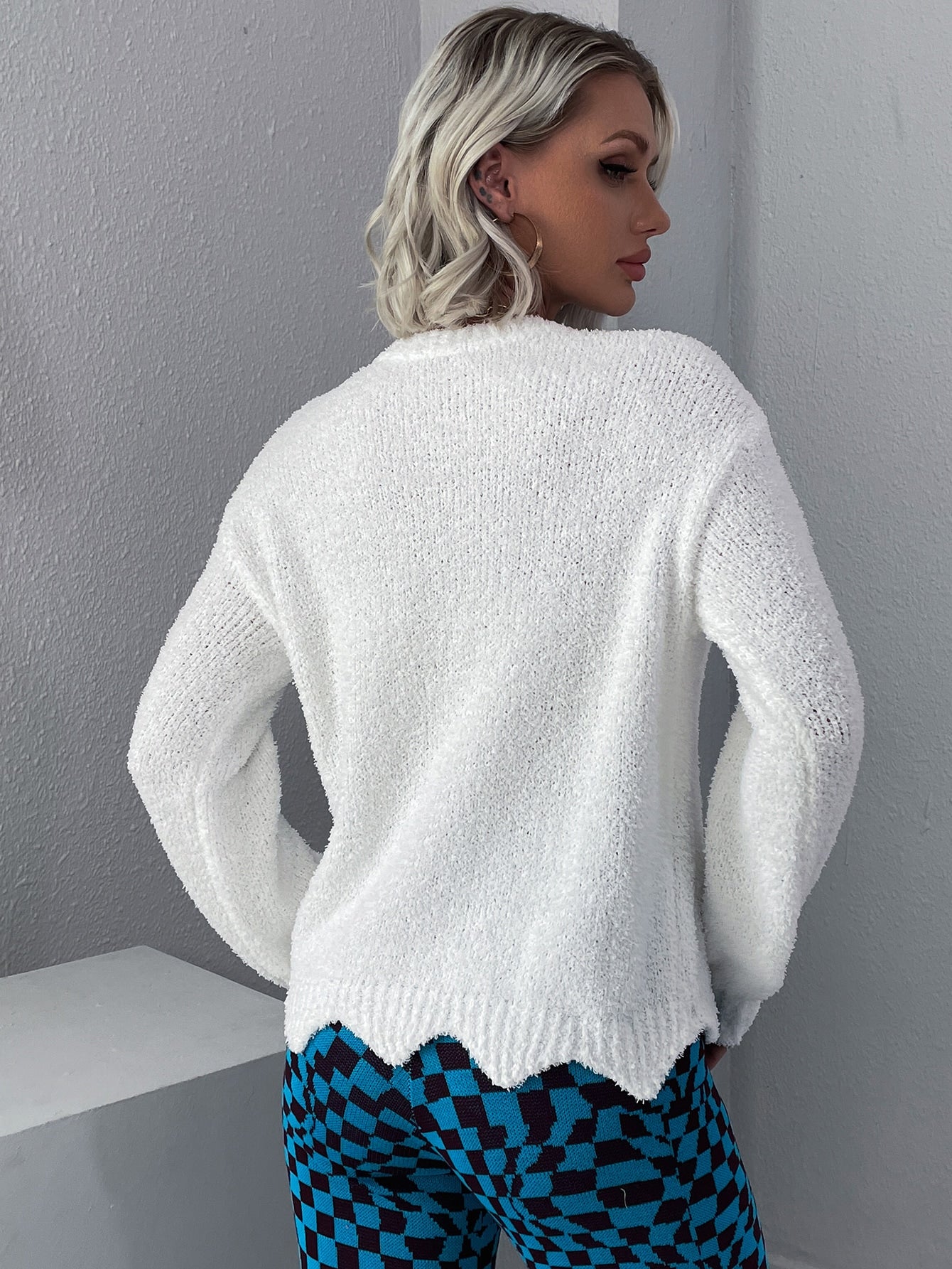 Scallop Trim Drop Shoulder Sweater