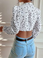 Polka Dot Tie Front Puff Sleeve Crop Top