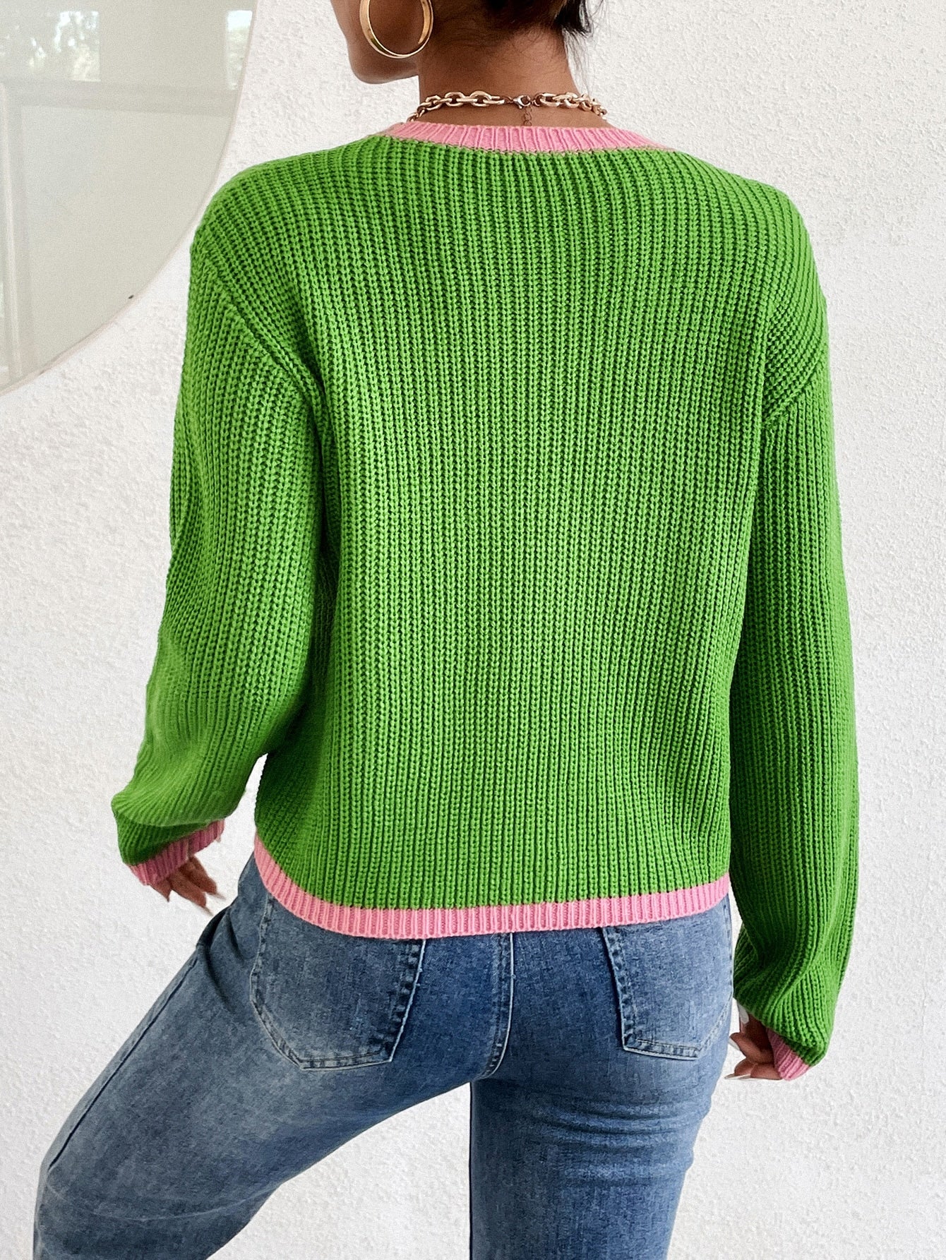 Contrast Seam Ribbed Knit Sweater
