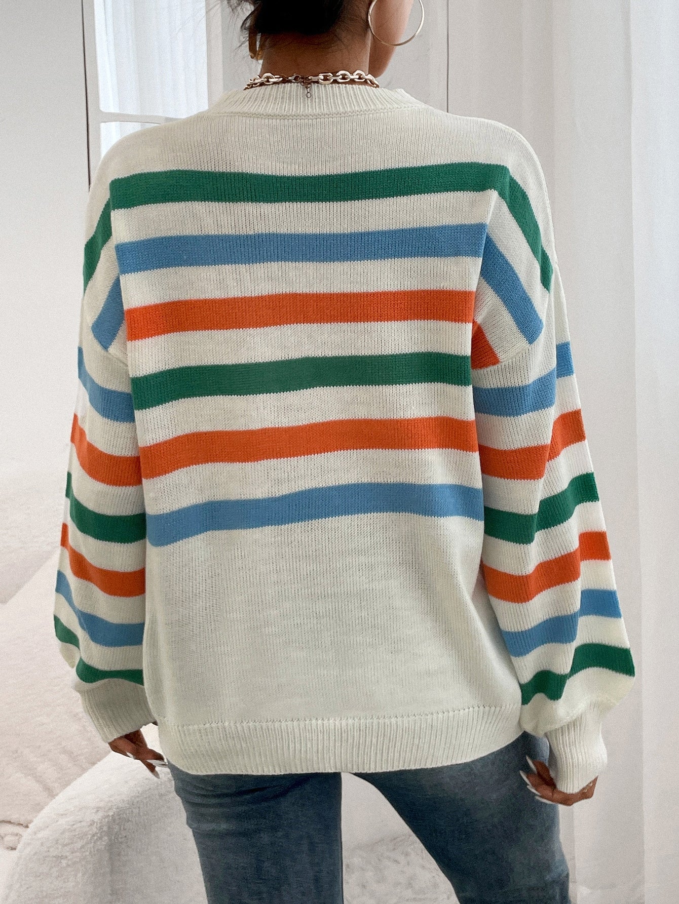 Block Striped Pattern Drop Shoulder Sweater