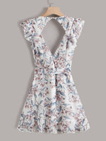 Floral Print Ruffle Trim Belted Dress