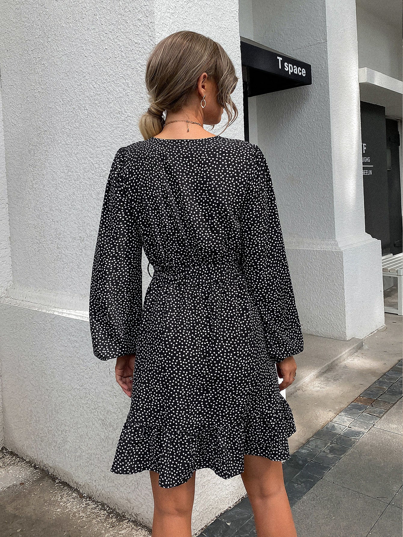 Confetti Heart Print Lantern Sleeve Belted Dress