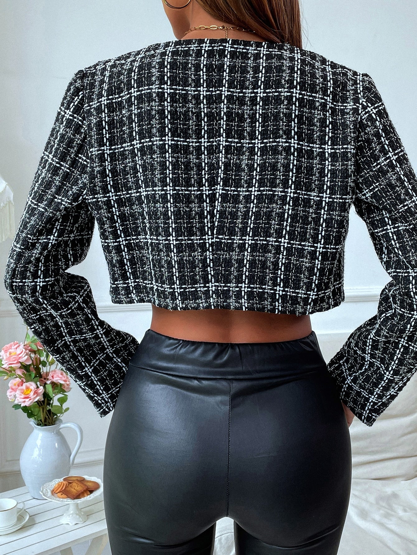Plaid Pattern Crop Tweed Jacket