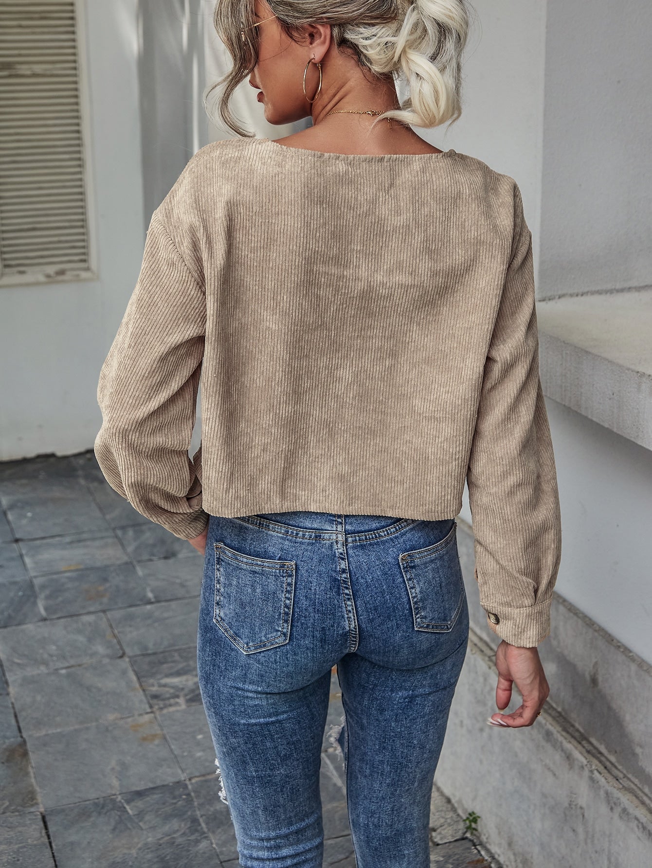 Drop Shoulder Crop Corduroy Blouse